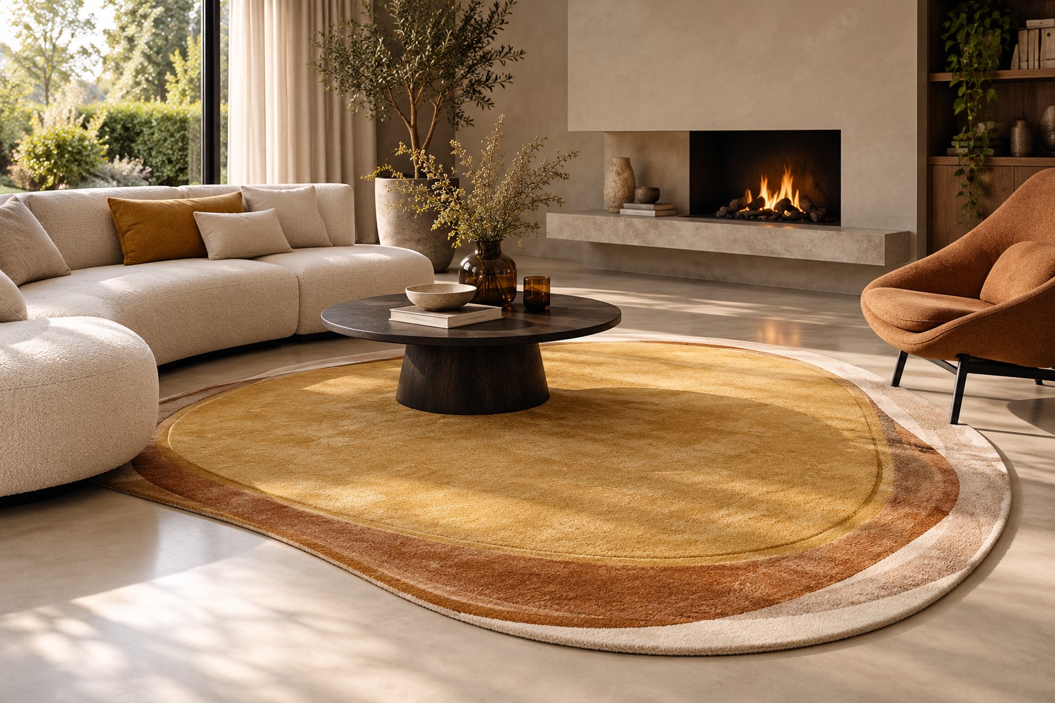 Pode Shallow Desert – design Claire Vos Pode Shallow vloerkleed Desert met organische vormen in een moderne woonkamer