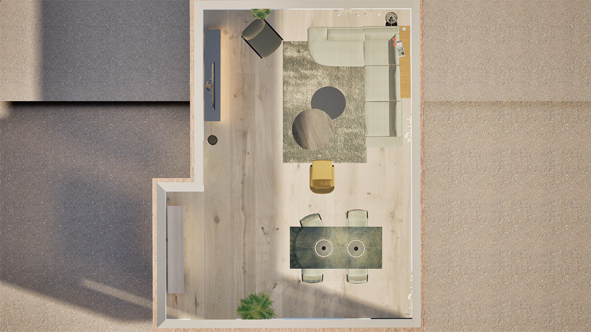 3D tekening bovenaanzicht woonkamer | Hoogebeen Interieur