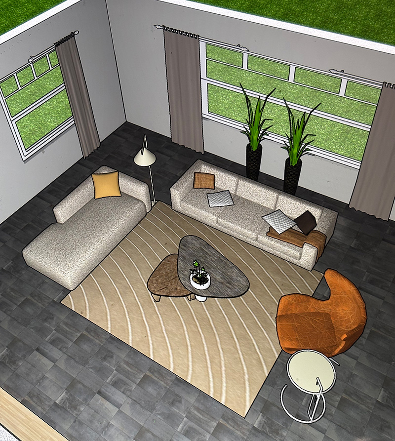 Tekening woonkamer met 3D | Hoogebeen Interieur