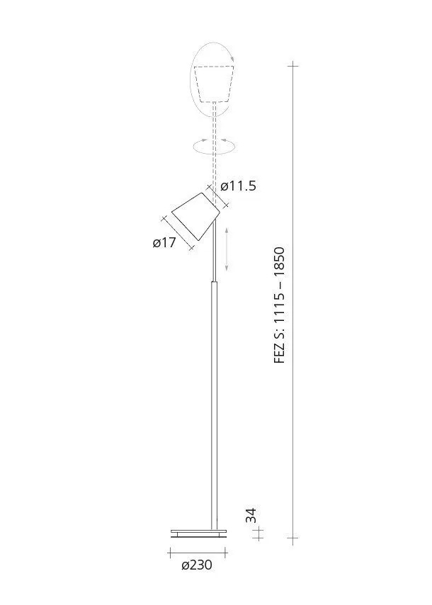Afmetingen Baltensweiler FEZ S leeslamp met telescopische stang Baltensweiler FEZ S leeslamp technische tekening met verstelbare hoogte van 111,5 tot 185 cm