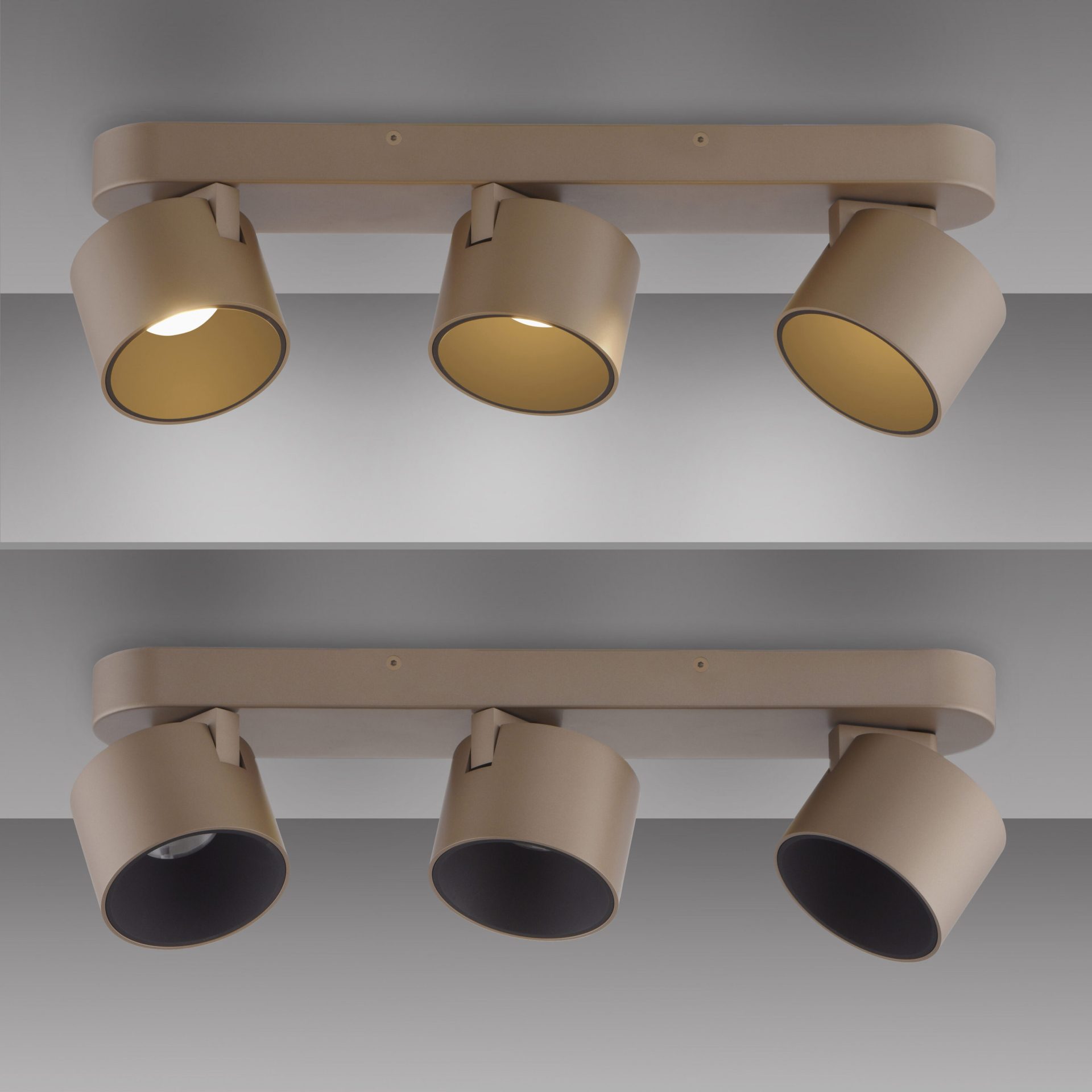 Paul Neuhaus 3-lichts LED plafondspot Pure Cup aan en uit Paul Neuhaus 3-lichts LED plafondspot Pure Cup
