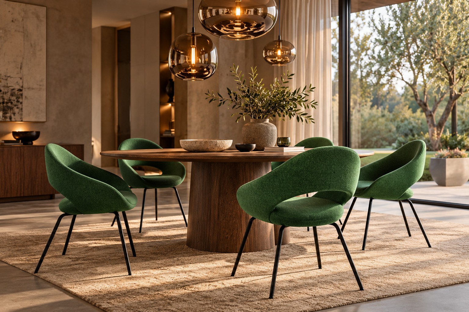 Groene Artifort Shark eetkamerstoelen aan houten eettafel in sfeervol interieur