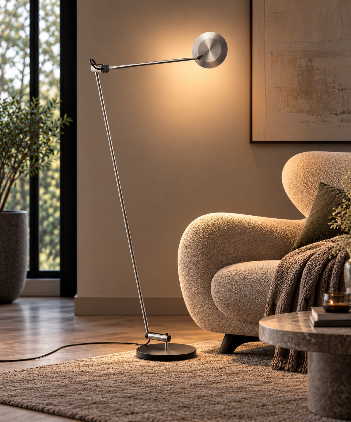 Baltensweiler PIO S leeslamp met verstelbare armen bij fauteuil Baltensweiler PIO S leeslamp naast fauteuil in modern interieur
