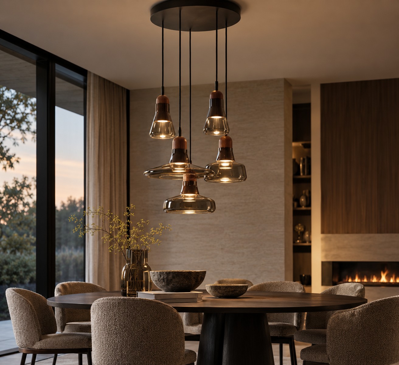 Brokis Shadows hanglamp als glazen compositie in luxe eetkamer Brokis Shadows hanglamp boven ronde eettafel