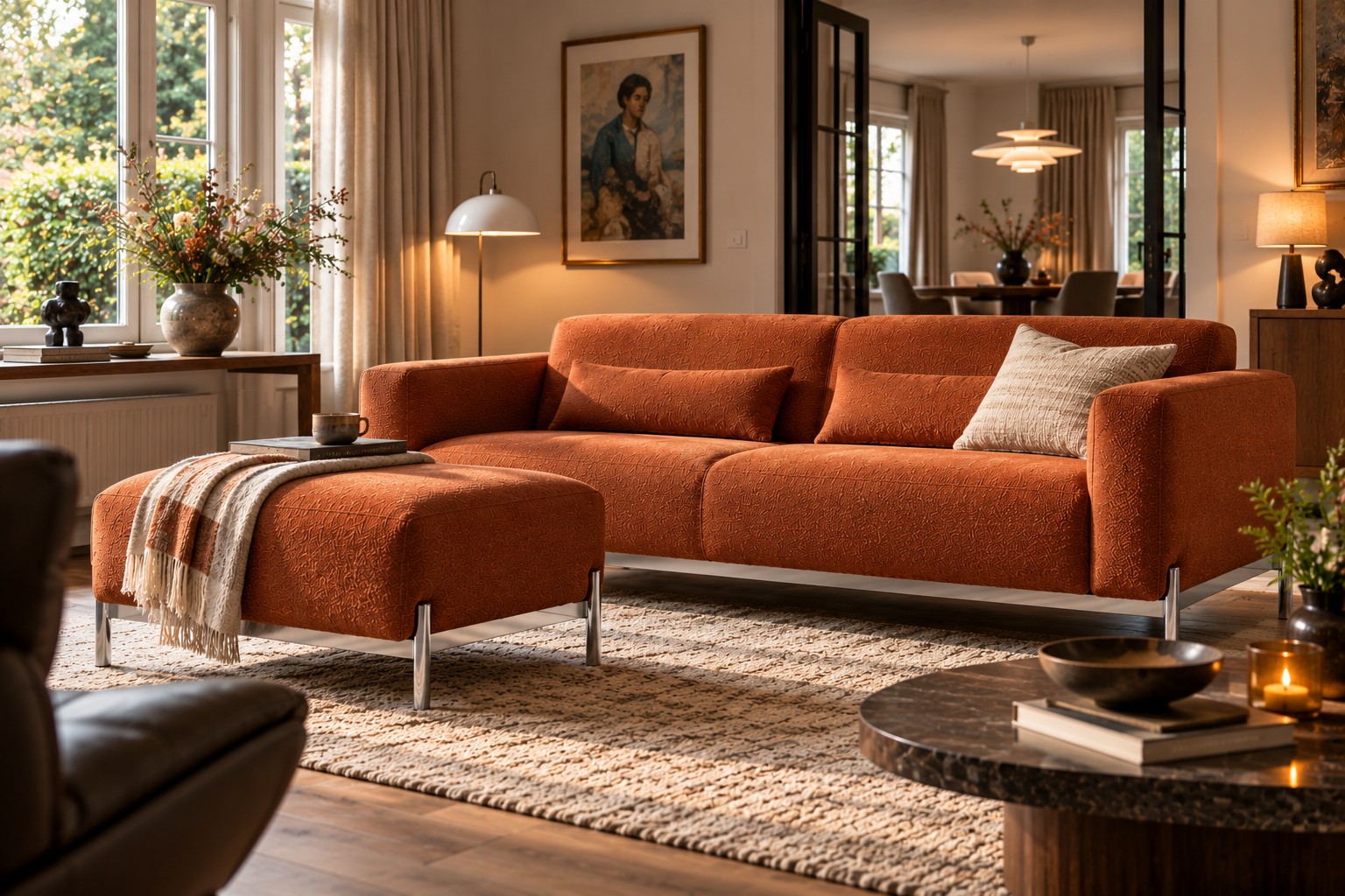 Leolux Arlin design bank in roestbruine stof met poef in een sfeervolle woonkamer Leolux Arlin design bank in een warme, stijlvolle woonkamer
