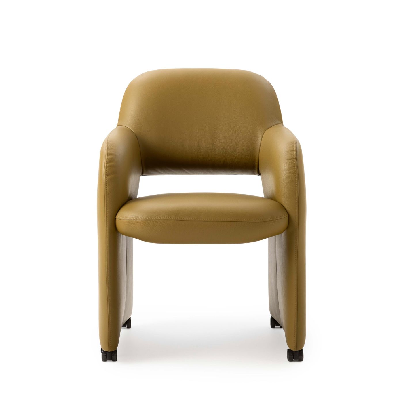 eolux Modin eetkamerfauteuil in olijfgroen leer, vooraanzicht Leolux Modin eetkamerfauteuil in olijfgroen leer met zwenkwieltjes