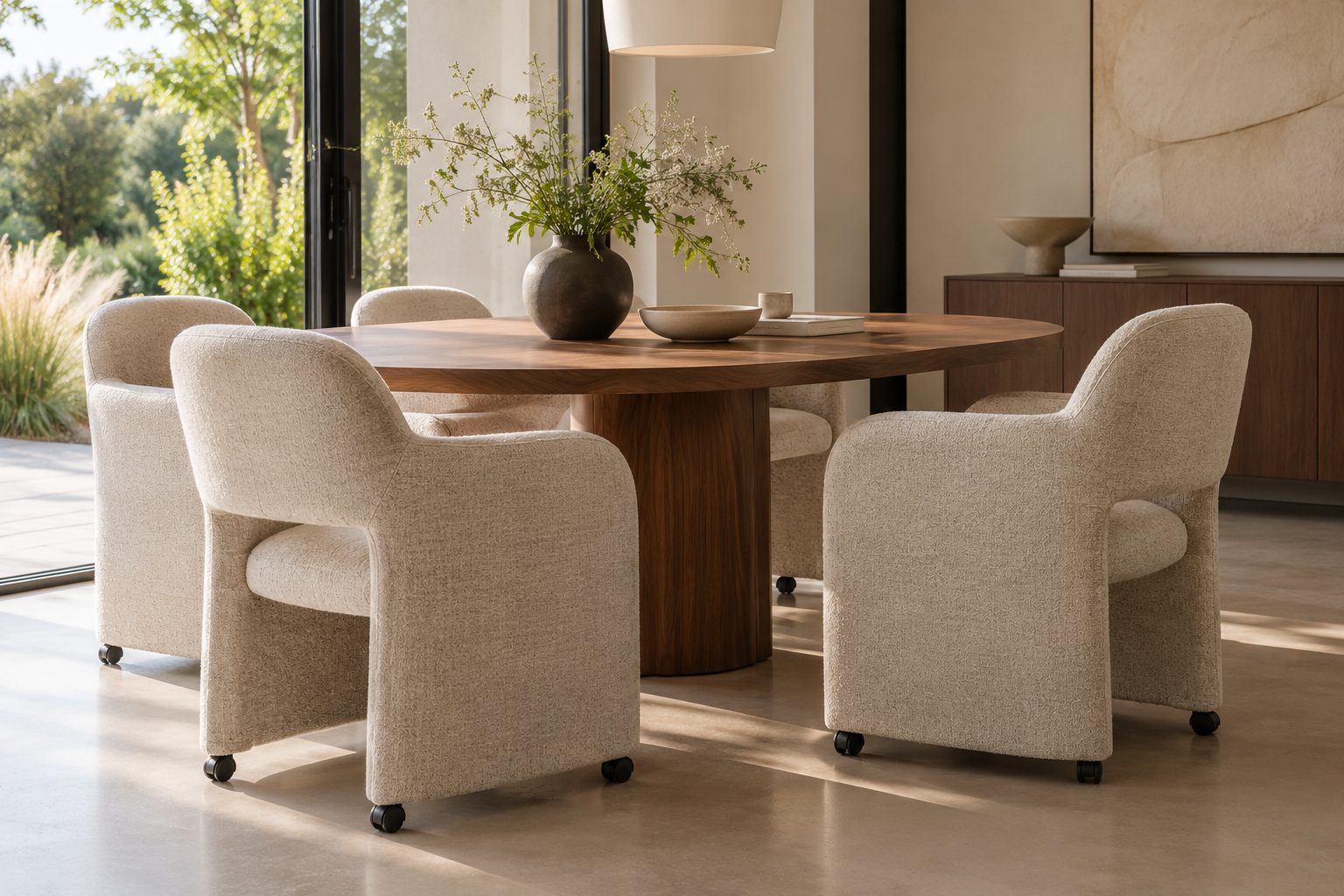 Leolux Modin eetkamerfauteuils in een sfeervol interieur Leolux Modin eetkamerfauteuils in lichte stof rondom een houten eettafel