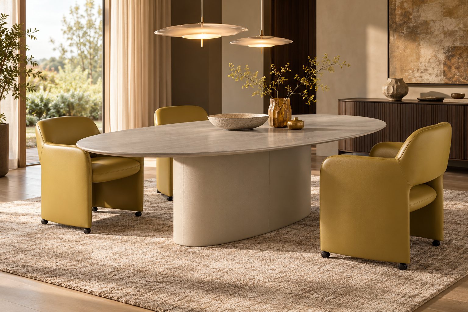 Ovale Tilar met Modin fauteuils Leolux Tilar ovale eettafel met Modin eetkamerfauteuils in warme eetkamer