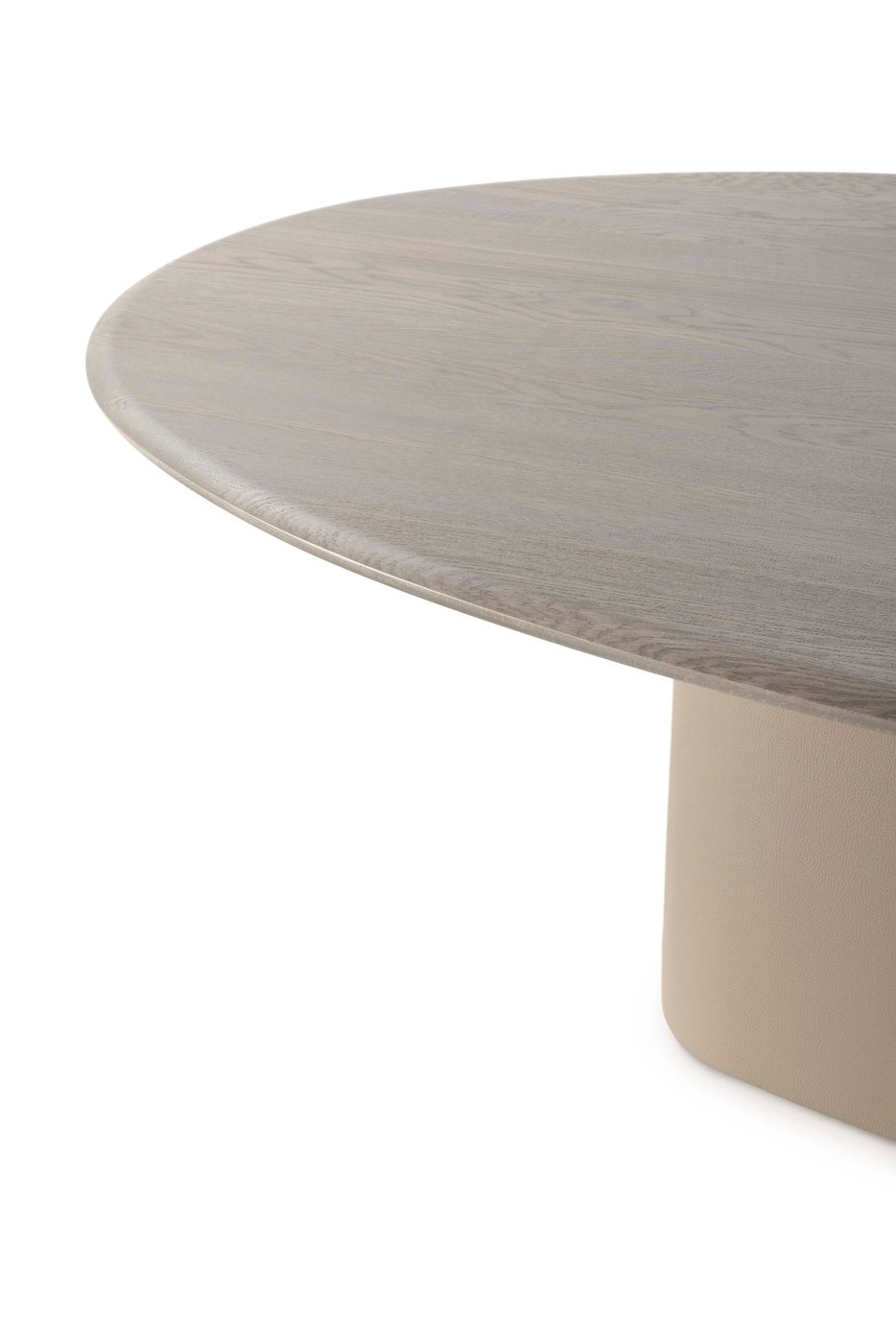 Detail tafelblad in Oak Grey Leolux Tilar ovale eettafel met afgeronde rand in grijs eikenhout