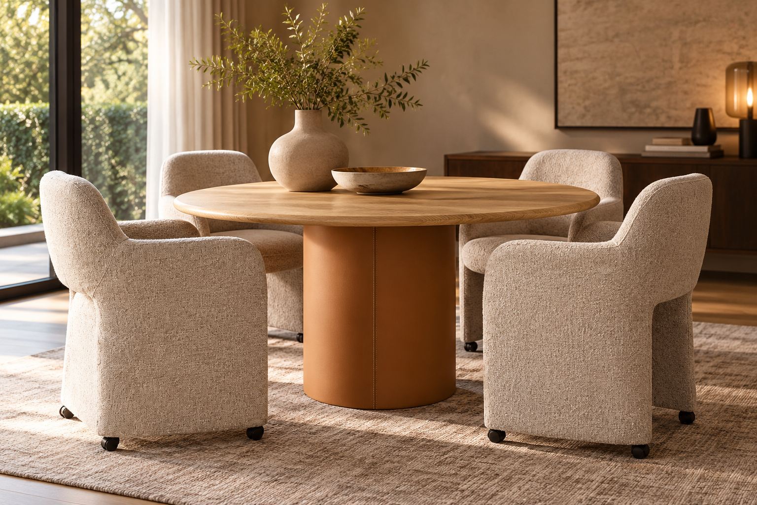 Tilar met Modin fauteuils in warme eetkamer Leolux Tilar ronde eettafel met vier Modin eetkamerfauteuils