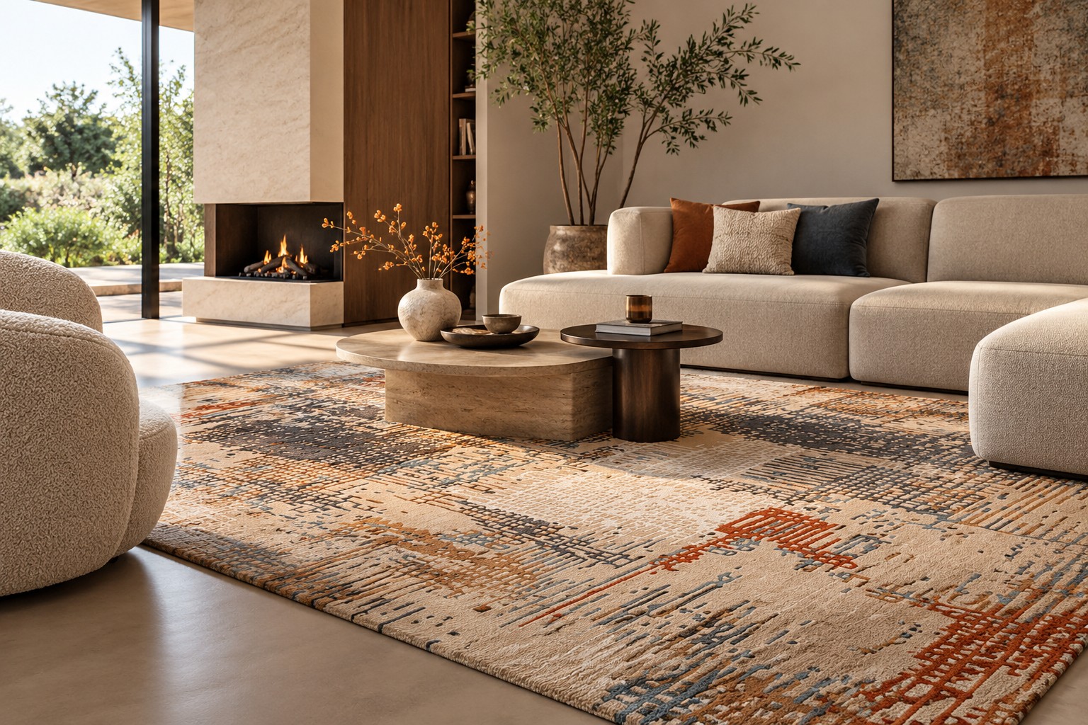 Aguero handgetuft vloerkleed in sfeervol interieur met natuurlijke materialen Munk Carpets handtuft Aguero karpet met abstract dessin in een luxe woonkamer met design bank en fauteuil