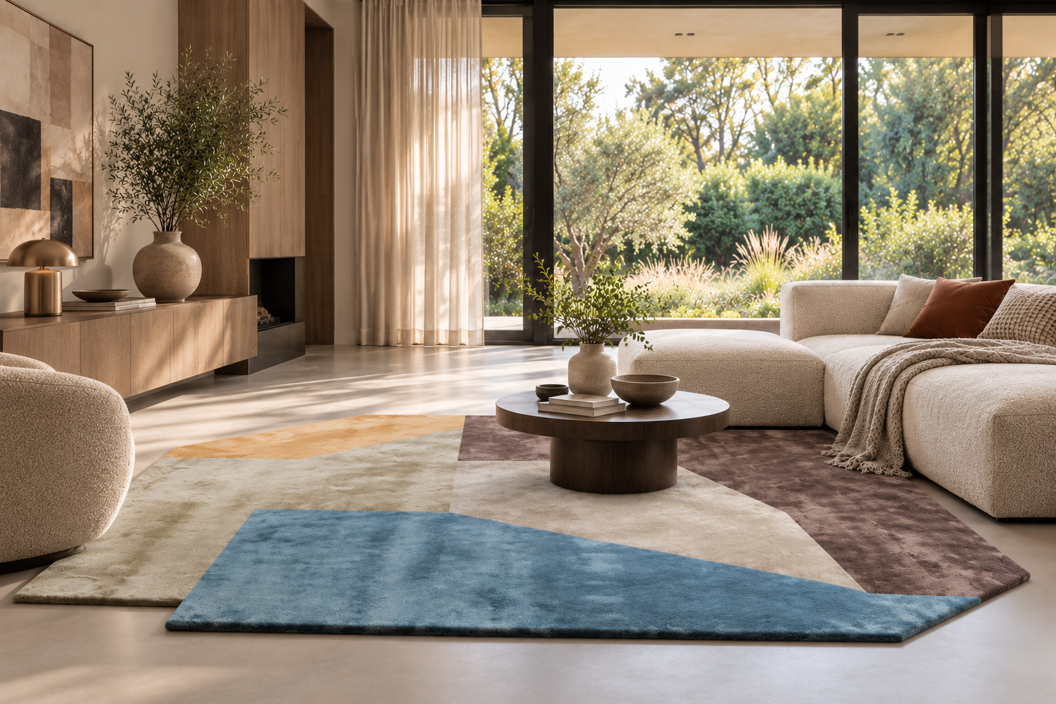 Astrada handgetuft design karpet in sfeervol interieur met natuurlijke materialen Munk Carpets handtuft Astrada karpet met geometrisch dessin in een luxe woonkamer met designbank