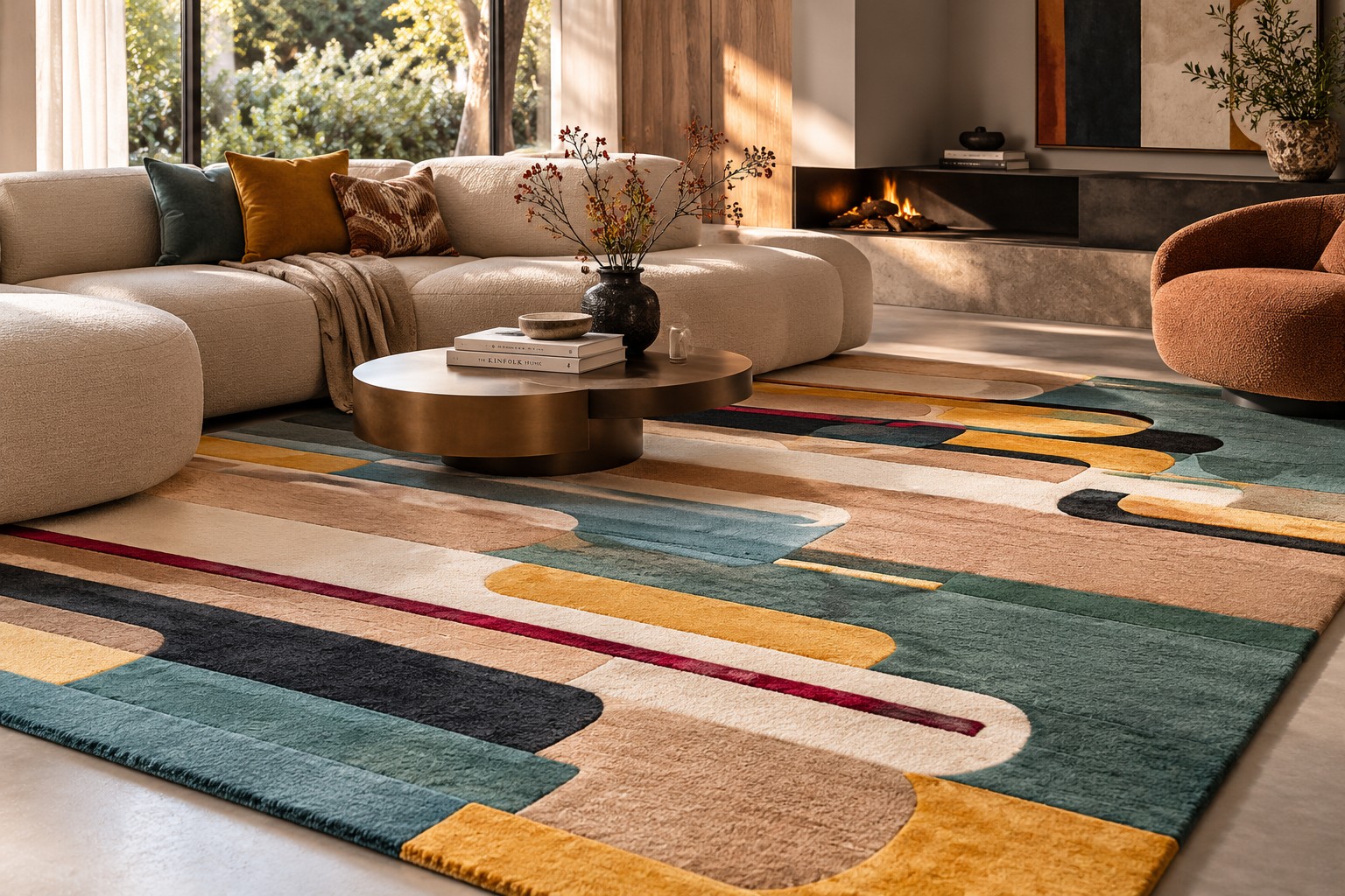 Giusti handgetuft design vloerkleed in sfeervolle woonkamer met natuurlijke materialen Munk Carpets Handtuft Giusti vloerkleed met kleurrijk grafisch dessin in een luxe woonkamer met designbank