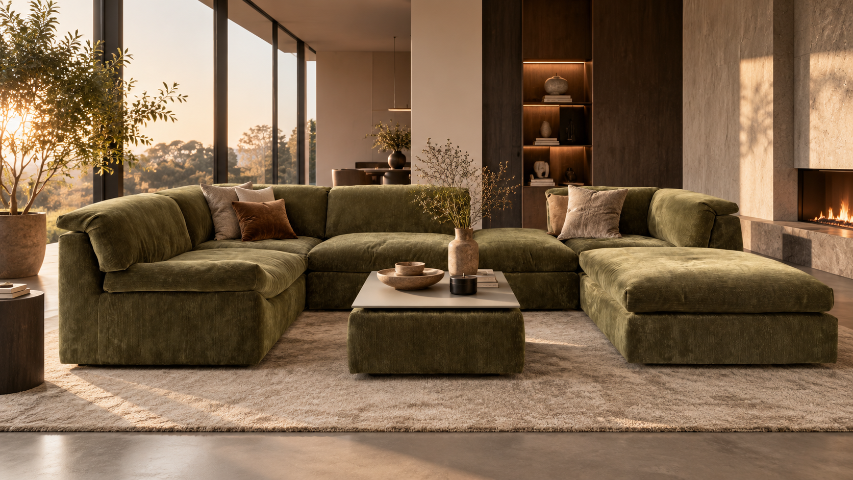 Pode Ono U Lounge bank in groene stof in luxe woonkamer