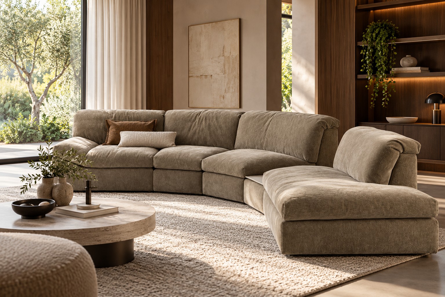 Pode Ono ronde hoekbank met chaise longue in een luxe woonkamer met houten wandafwerking